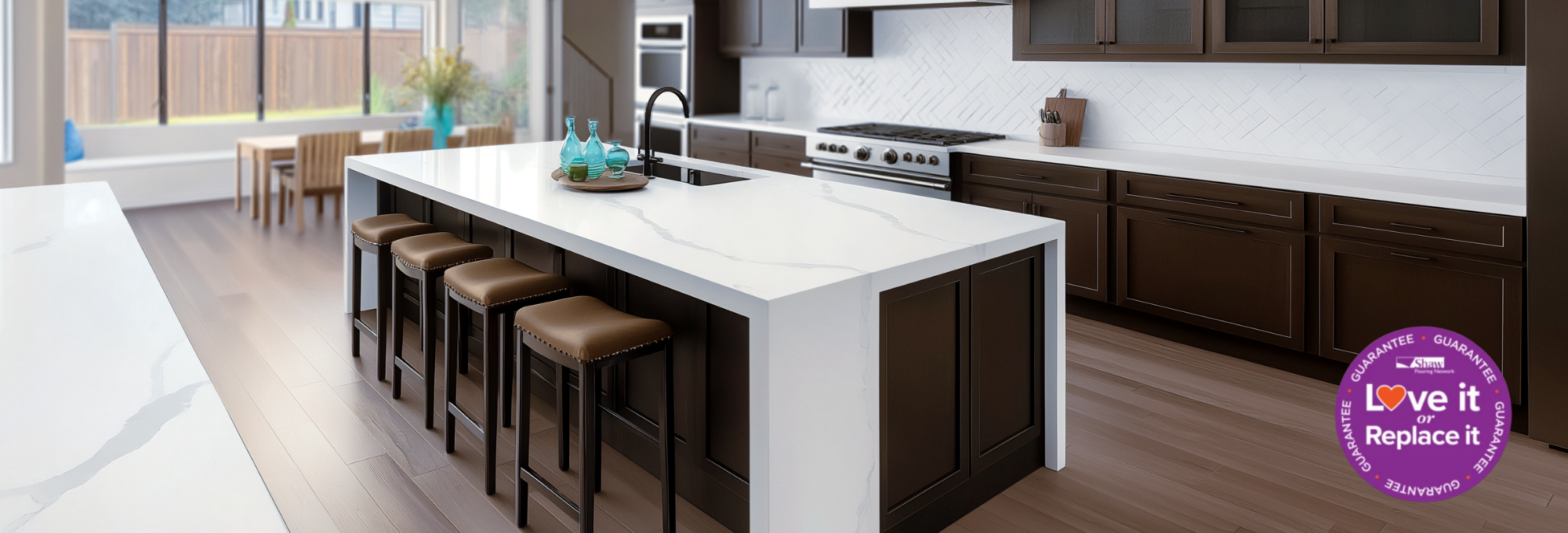 white quartz countertop installed on large kitchen island
