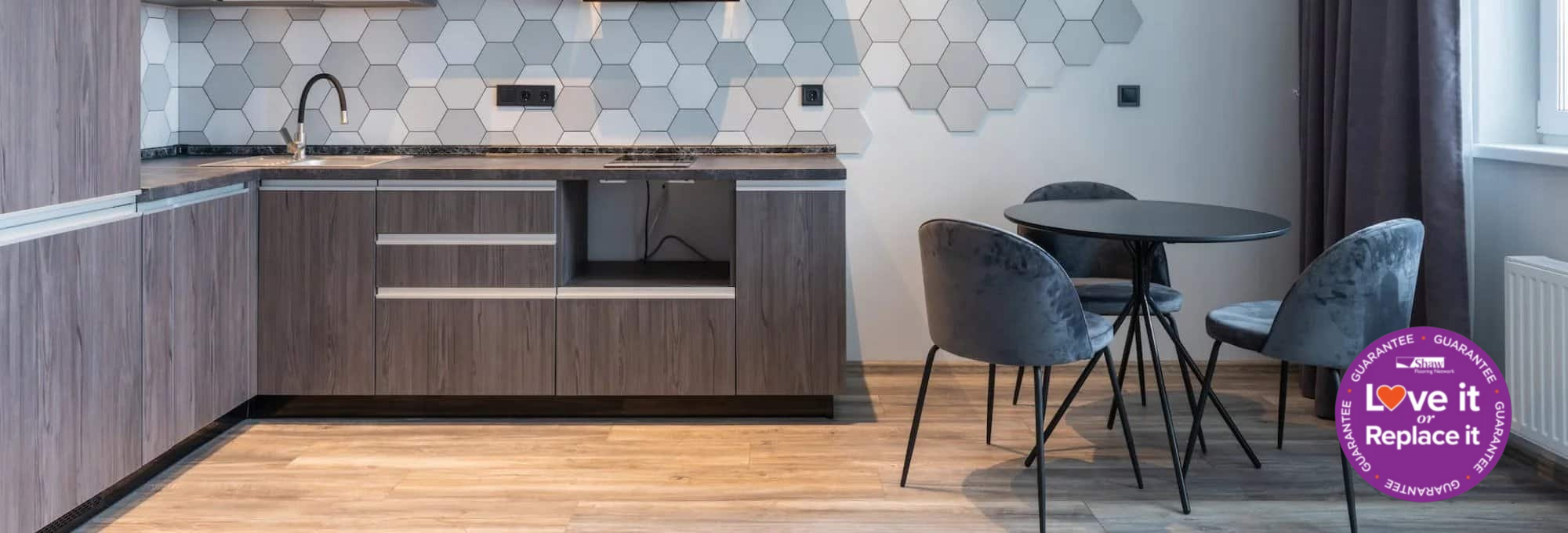 modern grey kitchen with beautiful hardwood floors