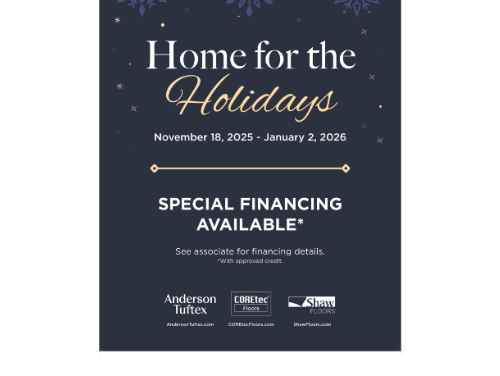 Home for the Holidays flooring promotion graphic with special financing available
